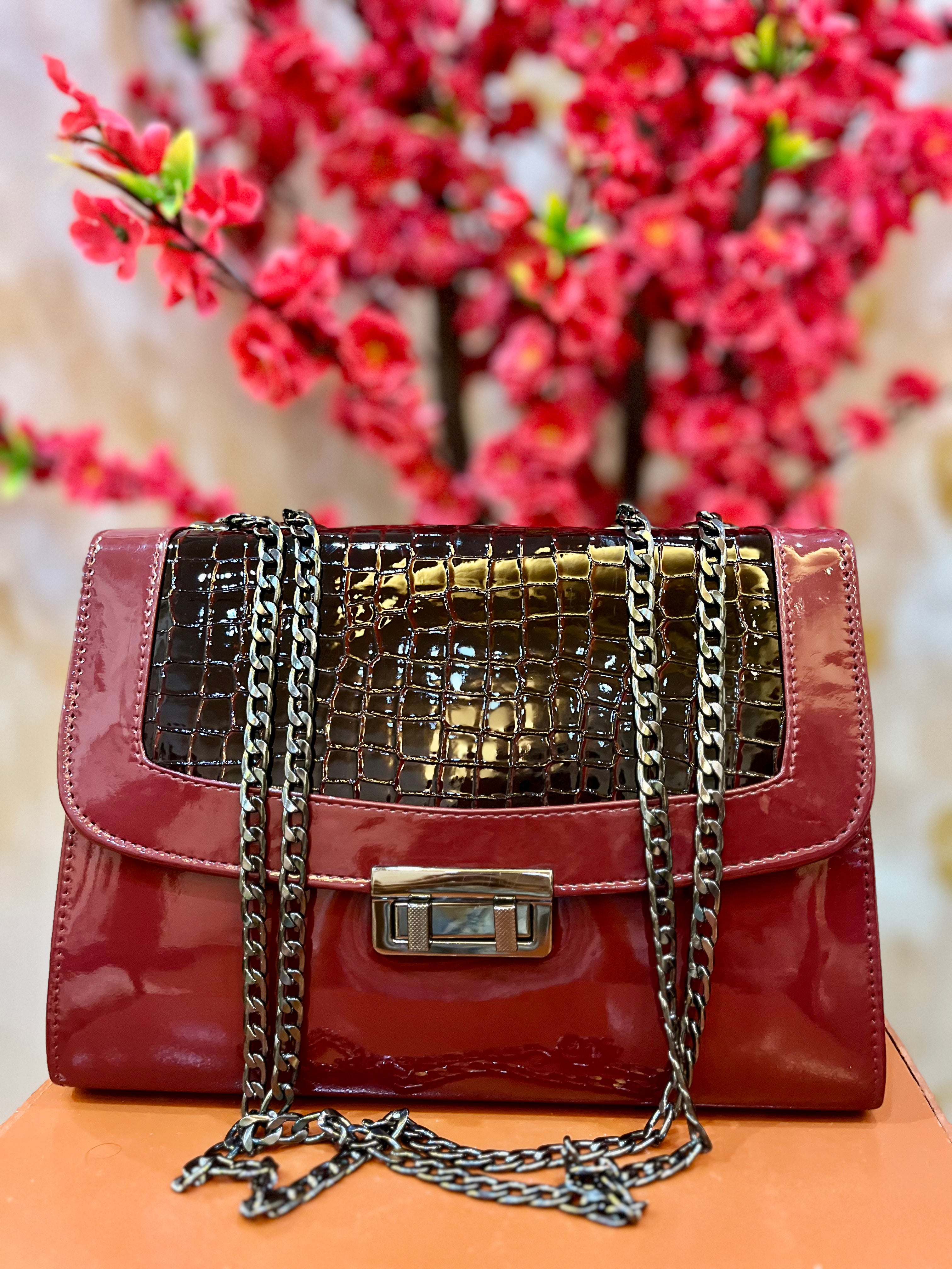 Croc Embossed Shoulder Bag Berry Maroon